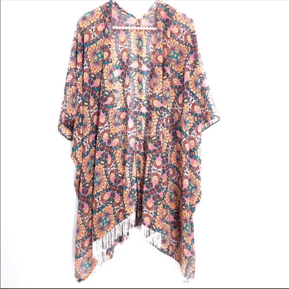 LF Millau Boho Fringe Kimono Multicolored Print